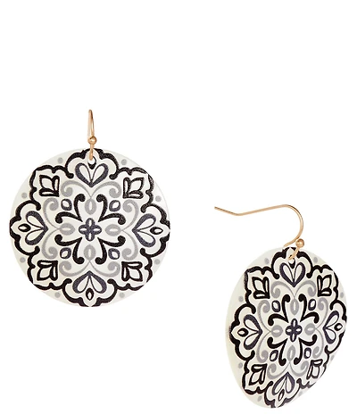 Southern Living Jet Floral Print Round Shell Drop Earrings