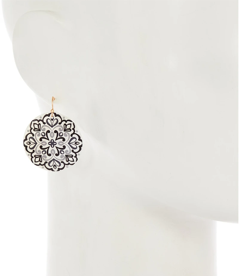 Southern Living Jet Floral Print Round Shell Drop Earrings