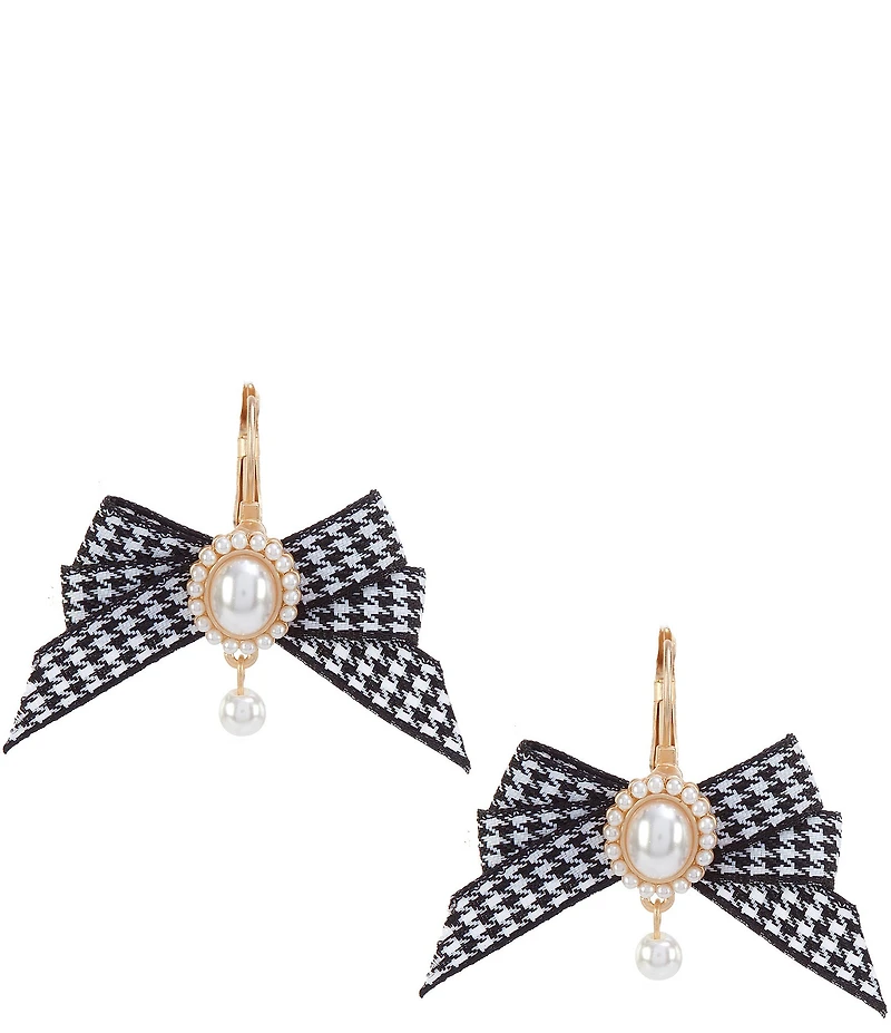 Southern Living Jet Gingham Bow Pearl Beaded Oval Metal Drop Earrings