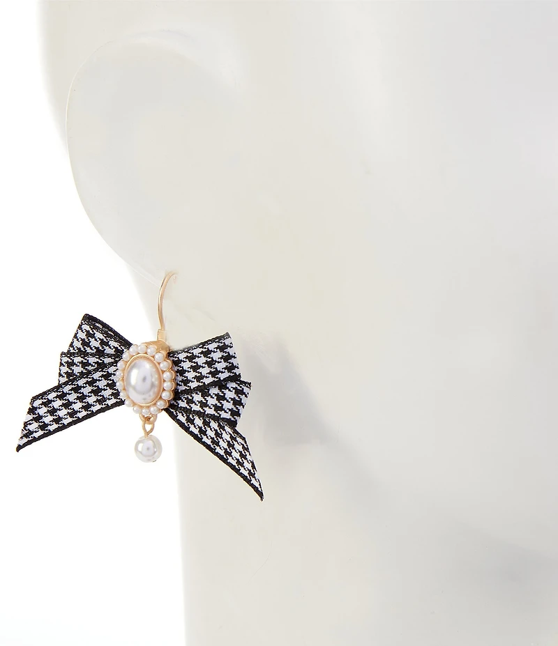 Southern Living Jet Gingham Bow Pearl Beaded Oval Metal Drop Earrings