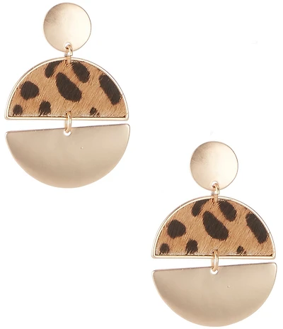 Southern Living Leopard Print Calf Hair Half Polished Metal Orbital Drop Earrings