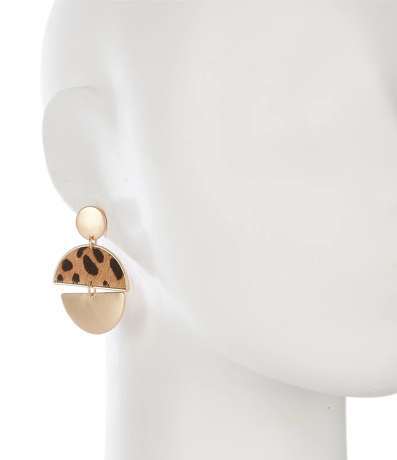 Southern Living Leopard Print Calf Hair Half Polished Metal Orbital Drop Earrings