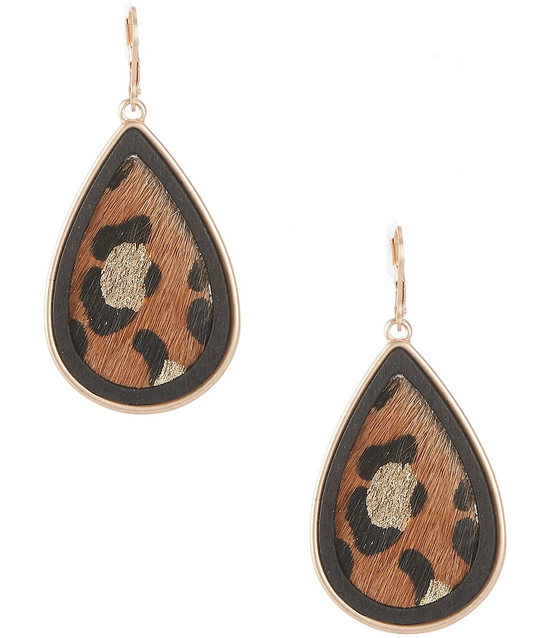 Southern Living Leopard Print Calf Hair Jet Wood Bead Teardrop Drop Earrings
