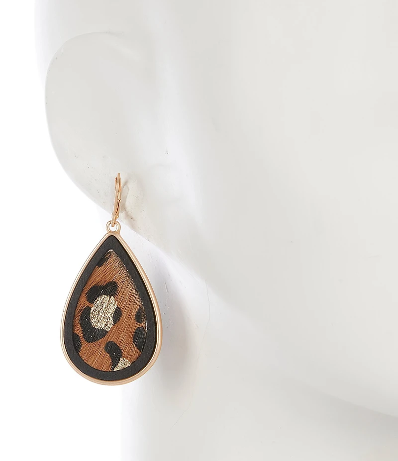 Southern Living Leopard Print Calf Hair Jet Wood Bead Teardrop Drop Earrings