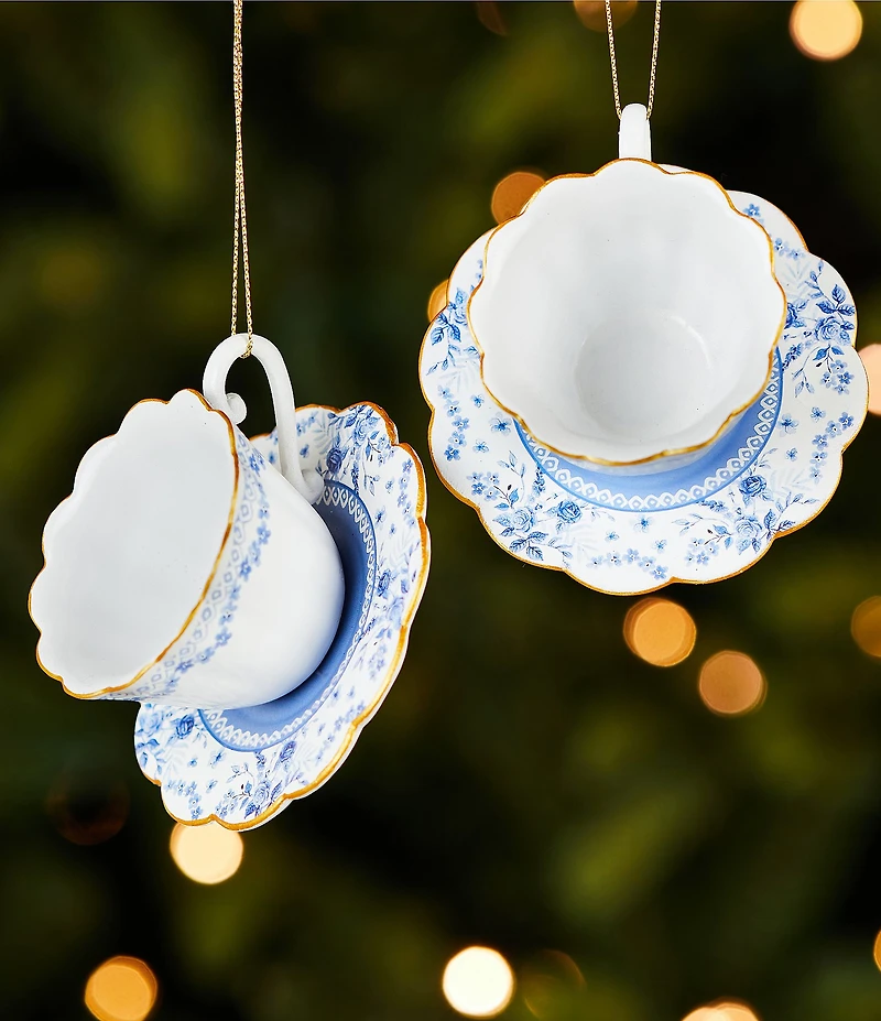 Southern Living Meet Me Under The Mistletoe Collection Caroline Blue & White Chinoiserie Teacup & Saucer Ornament, Set Of 2