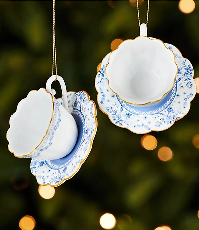 Southern Living Meet Me Under The Mistletoe Collection Caroline Blue & White Chinoiserie Teacup & Saucer Ornament, Set Of 2
