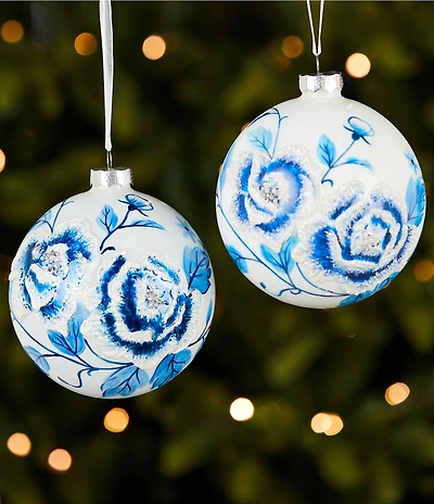 Southern Living Meet Me Under The Mistletoe Collection Large Blue Floral Glass Ball Ornament, Set Of 2