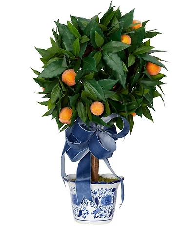 Southern Living Merry and Bright Collection Laurel Leaf and Orange Topiary in Chinoiserie Pot