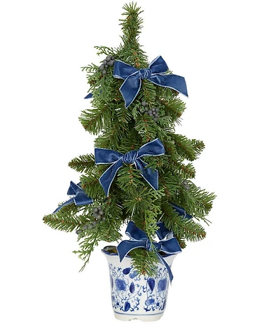 Southern Living Merry and Bright Collection Mini Bow Tree in Chinoiserie Pot