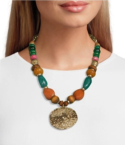 Southern Living Mixed Media Coin Pendant Short Pendant Beaded Statement Necklace