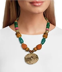 Southern Living Mixed Media Coin Pendant Short Pendant Beaded Statement Necklace