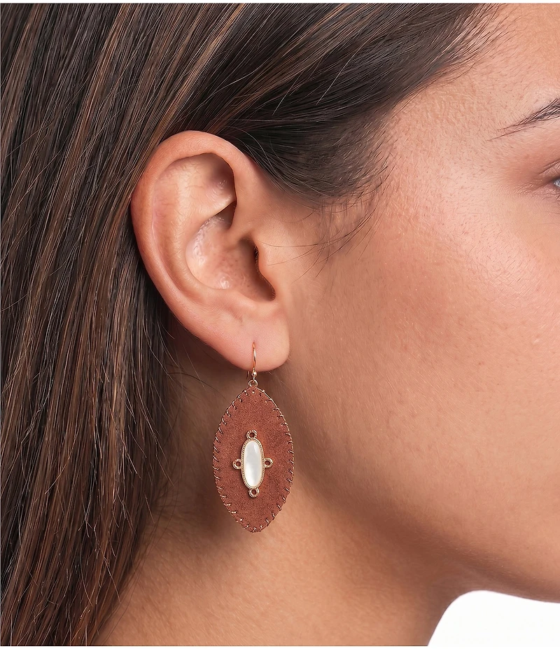 Southern Living Navette White Shell Brown Suede Drop Statement Earring