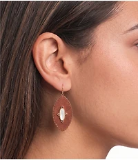Southern Living Navette White Shell Brown Suede Drop Statement Earring