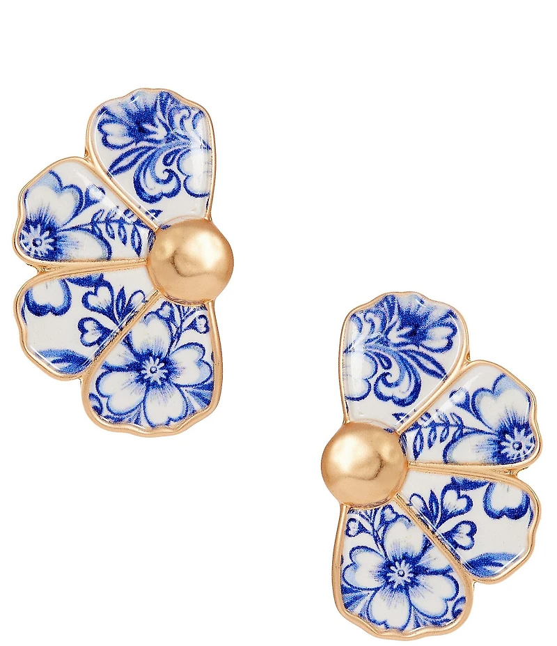 Southern Living Navy Floral Print Half Metal Flower Drop Earrings