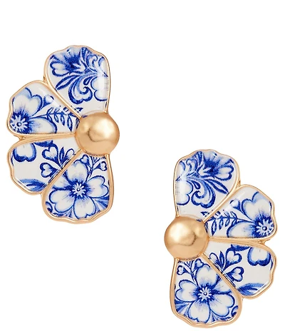 Southern Living Navy Floral Print Half Metal Flower Drop Earrings