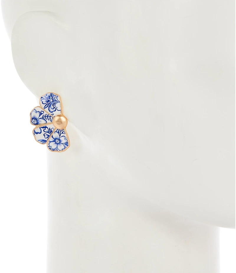 Southern Living Navy Floral Print Half Metal Flower Drop Earrings