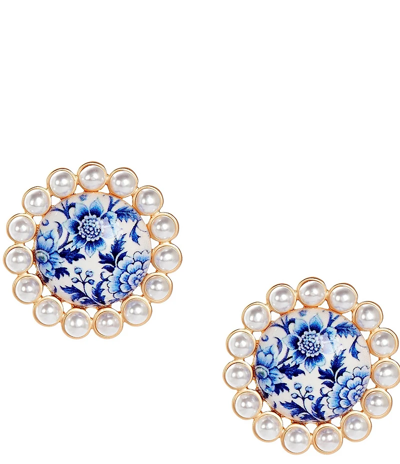 Southern Living Navy Floral Print Pearl Edge Stud Earrings