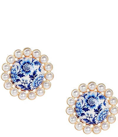 Southern Living Navy Floral Print Pearl Edge Stud Earrings