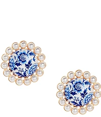 Southern Living Navy Floral Print Pearl Edge Stud Earrings