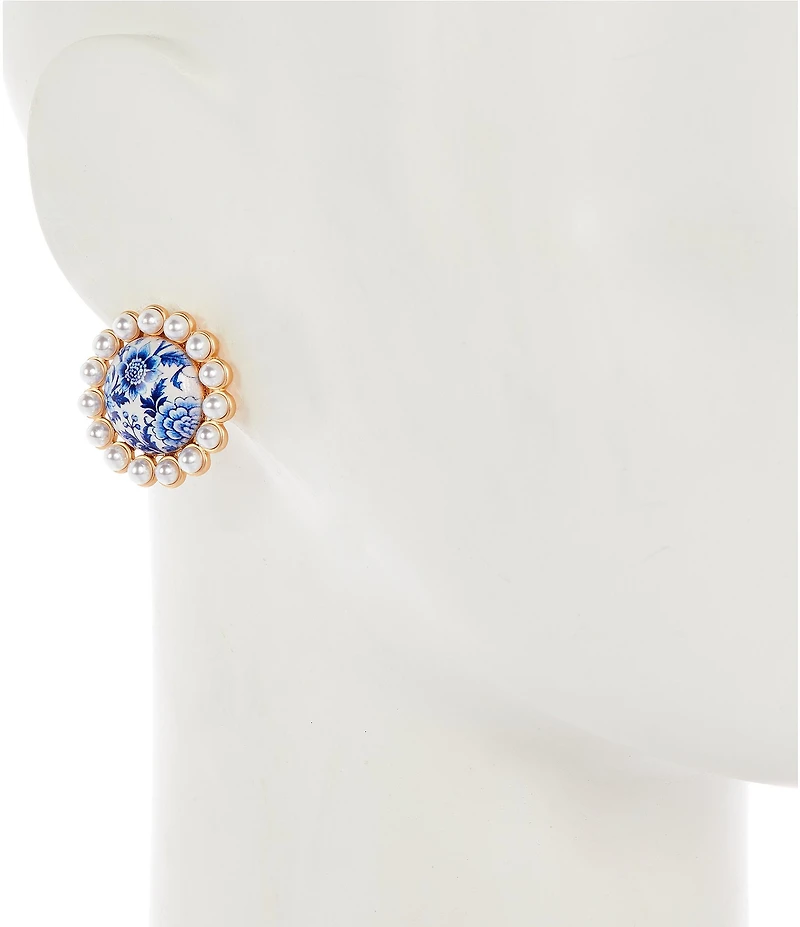 Southern Living Navy Floral Print Pearl Edge Stud Earrings