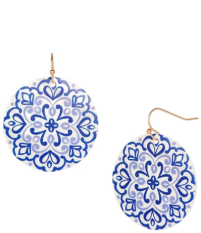 Southern Living Navy Floral Print Round Shell Drop Earrings