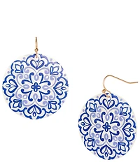 Southern Living Navy Floral Print Round Shell Drop Earrings