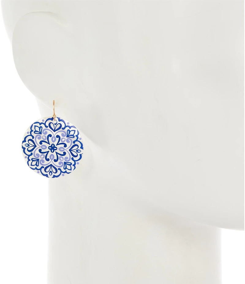 Southern Living Navy Floral Print Round Shell Drop Earrings
