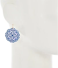 Southern Living Navy Floral Print Round Shell Drop Earrings