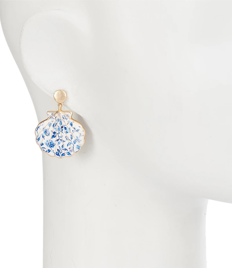 Southern Living Navy Floral Print Seashell Drop Earrings