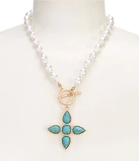 Southern Living Organic Pearl Strand Turquoise Stone Cross Short Pendant Necklace