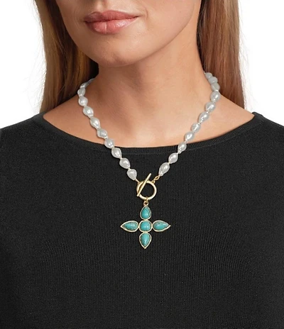Southern Living Organic Pearl Strand Turquoise Stone Cross Short Pendant Necklace