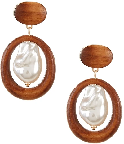 Southern Living Oval Wood Resort Cabochon Stud Organic Pearl Orbital Drop Earrings
