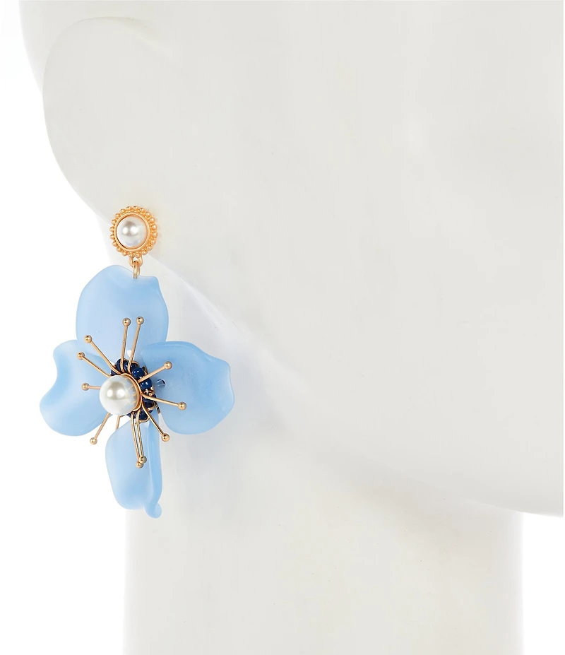 Southern Living Pearl Beaded Metal Edge Stud Blue Flower Drop Earrings
