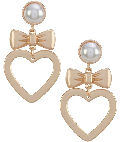 Southern Living Pearl Cab Stud Metal Bow Open Heart Drop Earrings