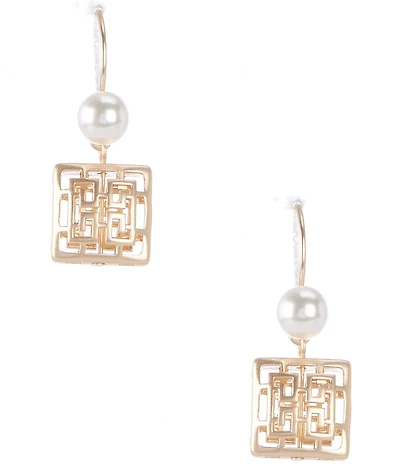Southern Living Pearl Geometric Square Open Metal Drop Earrings