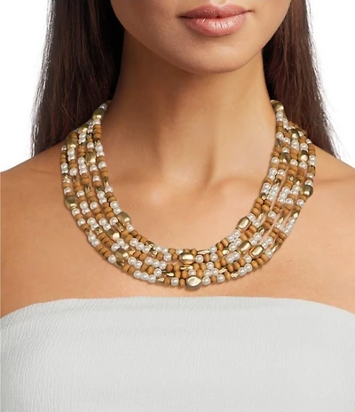 Southern Living Pearl & Wood Beaded Short Multi-Strand Necklace