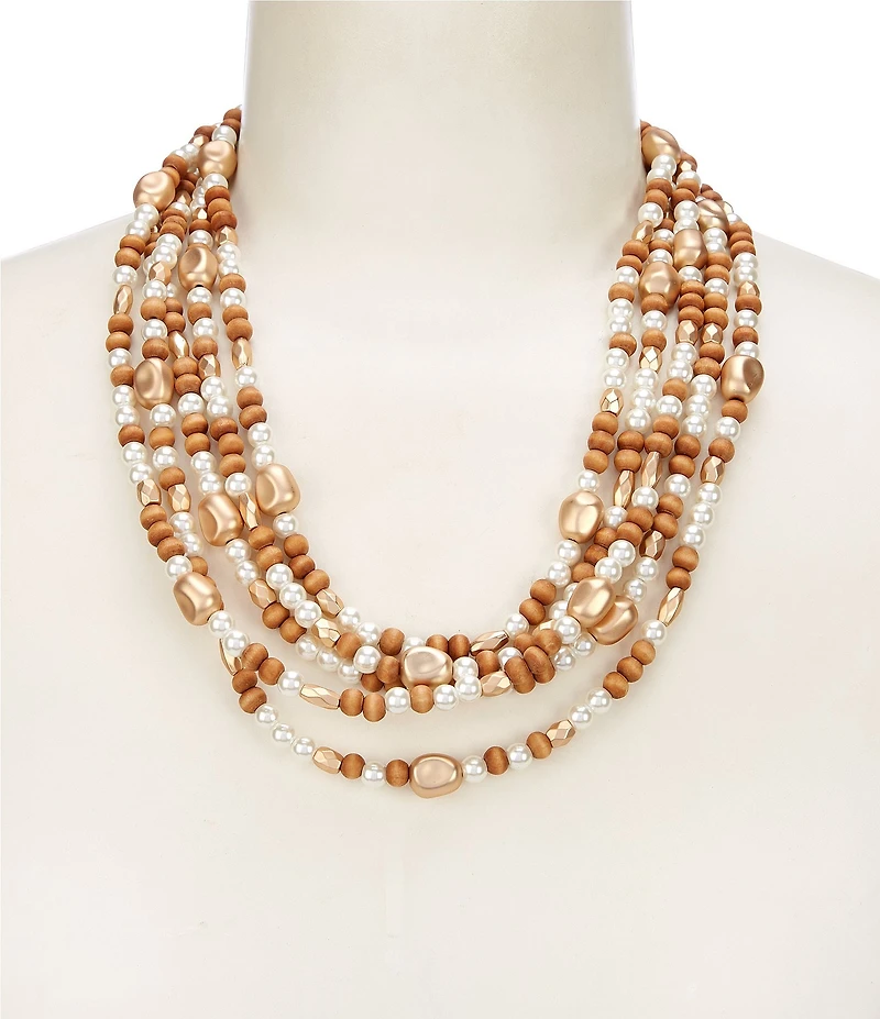 Southern Living Pearl & Wood Beaded Short Multi-Strand Necklace