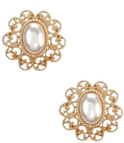 Southern Living Pearl Oval Cab Vintage Open Metal Stud Clip Earrings