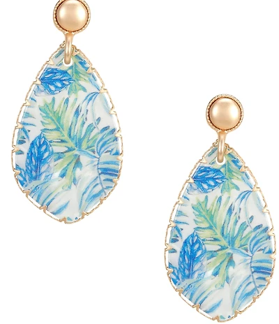 Southern Living Pearl Stud Blue Leaf Print Teardrop Drop Earrings