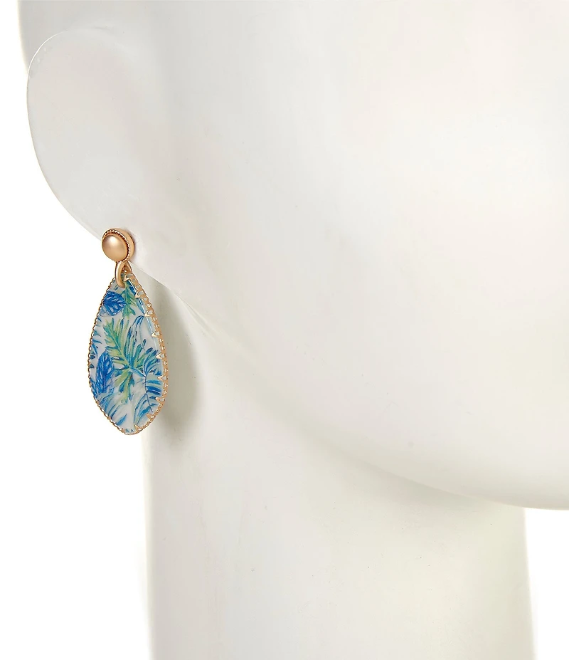 Southern Living Pearl Stud Blue Leaf Print Teardrop Drop Earrings
