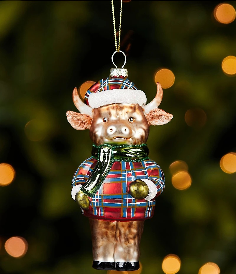 Southern Living Plaid Tidings Collection Festive Highland Cow Glass Ornament