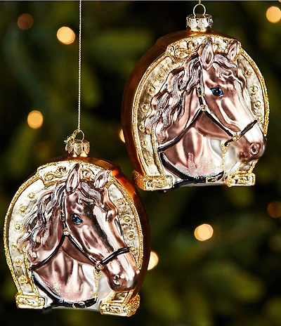 Southern Living Plaid Tidings Horse in Horseshoe Glass Ornament, Set Of 2