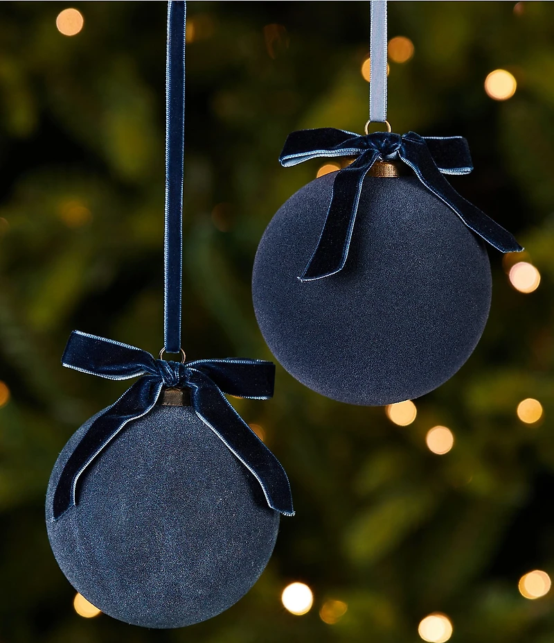 Southern Living Plaid Tidings Collection Navy Flocked Glass Ball Ornament, Set Of 2