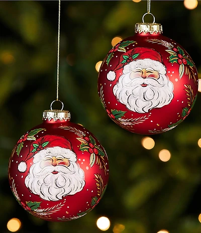 Southern Living Plaid Tidings Painted Santa Glass Ball Ornament, Set Of 2