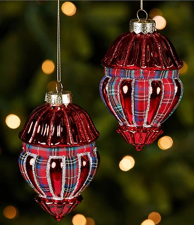 Southern Living Plaid Tidings Collection Plaid Finial Glass Ornament, Set Of 2