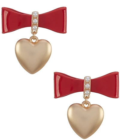 Southern Living Red Leather Bow Stud Polished Metal Heart Drop Earrings
