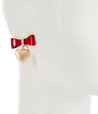 Southern Living Red Leather Bow Stud Polished Metal Heart Drop Earrings