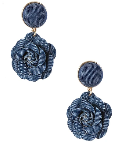 Southern Living Round Stud Denim Fabric Flower Drop Earrings