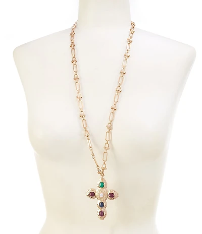 Southern Living Semi Precious Stone and Pearl Cross Long Pendant Necklace