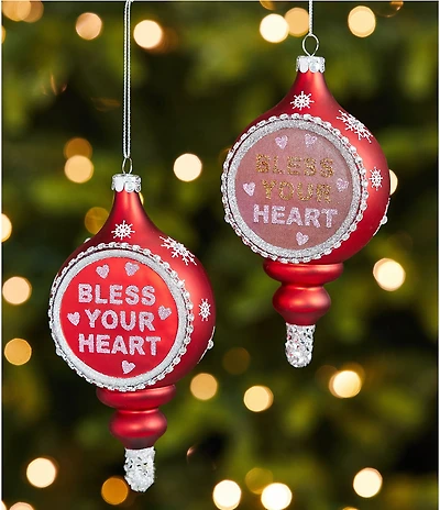 Southern Living Sweet Christmas Collection Bless Your Heart Glass Finial Ornament, Set of 2